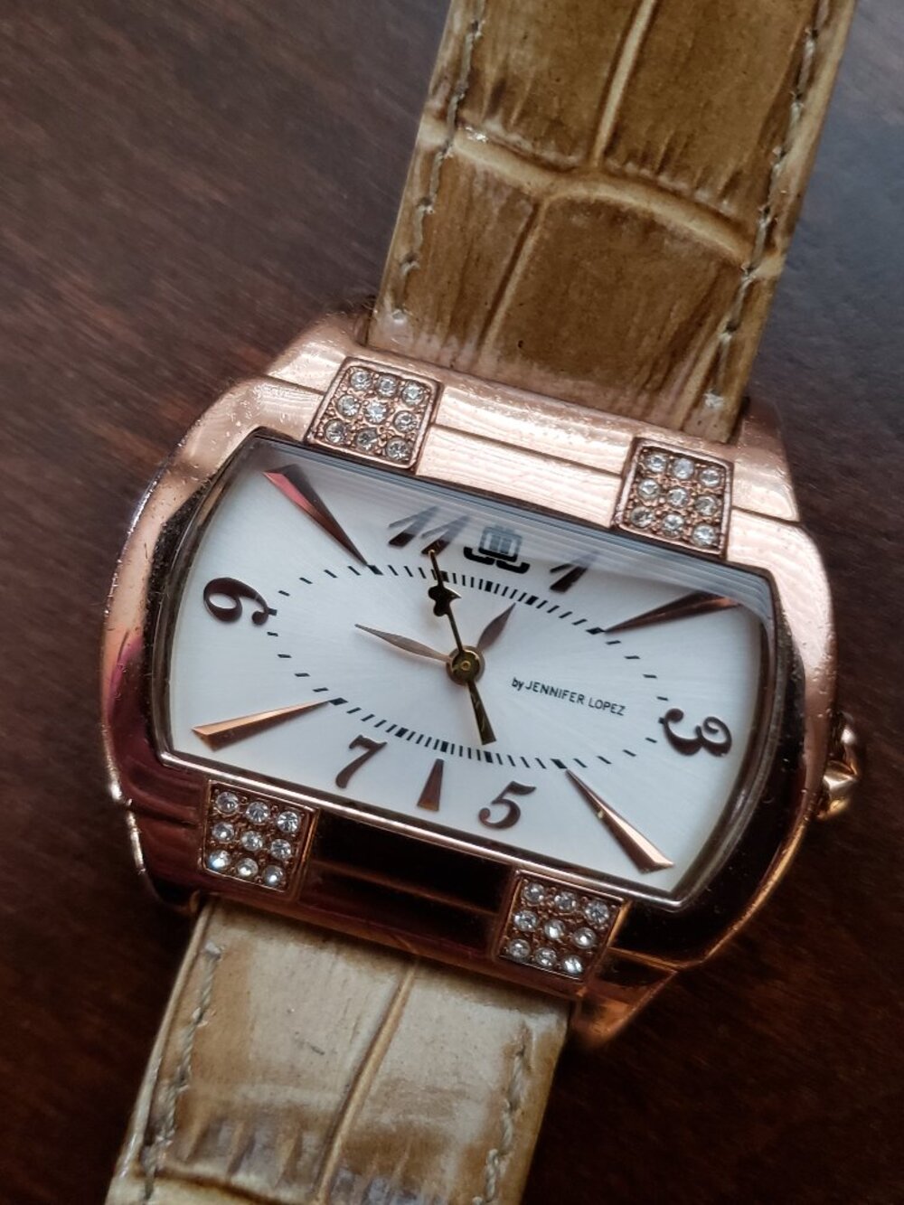 Jennifer Lopez Rose Gold Crystal Accent Rectangle Face Leather Band Womens Watch